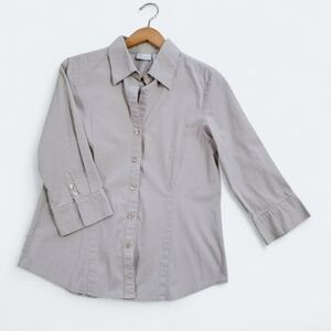 Kim Rogers Striped Button-Up Shirt Size Medium Tan 3/4 Sleeves
